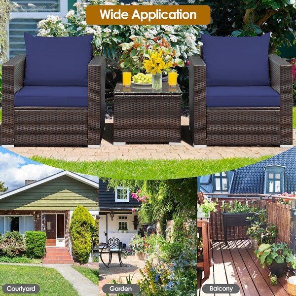 Costway 3PCS Patio Rattan Furniture Set Conversation Sofa Cushioned