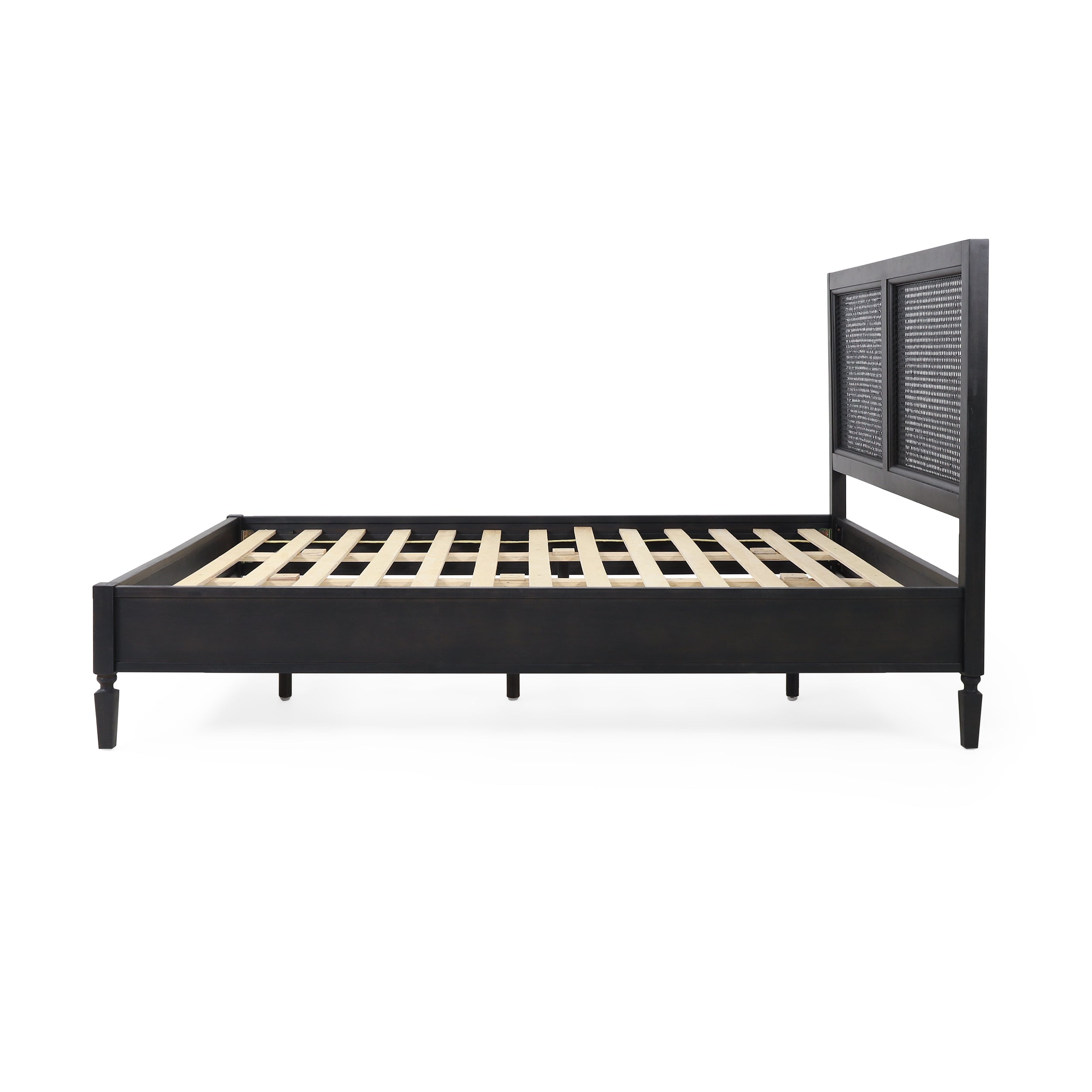 Mathena Rustic Acacia Wood and Rattan Queen Bed, Dark Gray