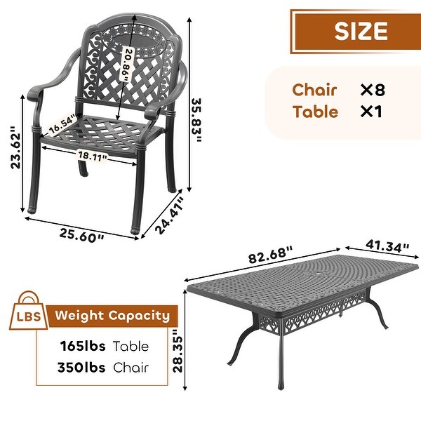 7/9Piece Cast Aluminum Outdoor Dining Set with 82.68'' L X 41.34'' W Rectangular Table and Random Color Seat Cushions