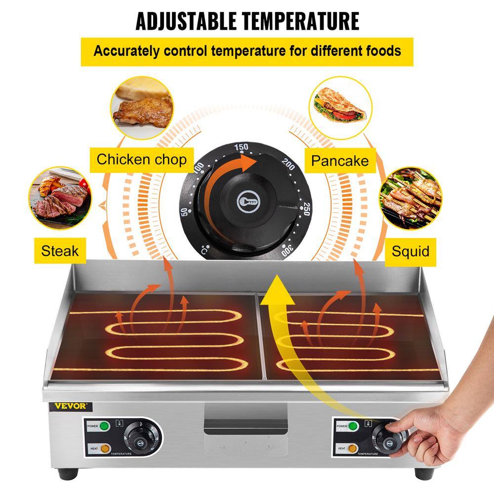 VEVOR 26 in. Commercial Electric Griddle 3200 Watt 50C - 300C Stainless Steel Electric Flat Top Grill with Drip Hole DBLYCQP26110VEQR3V1