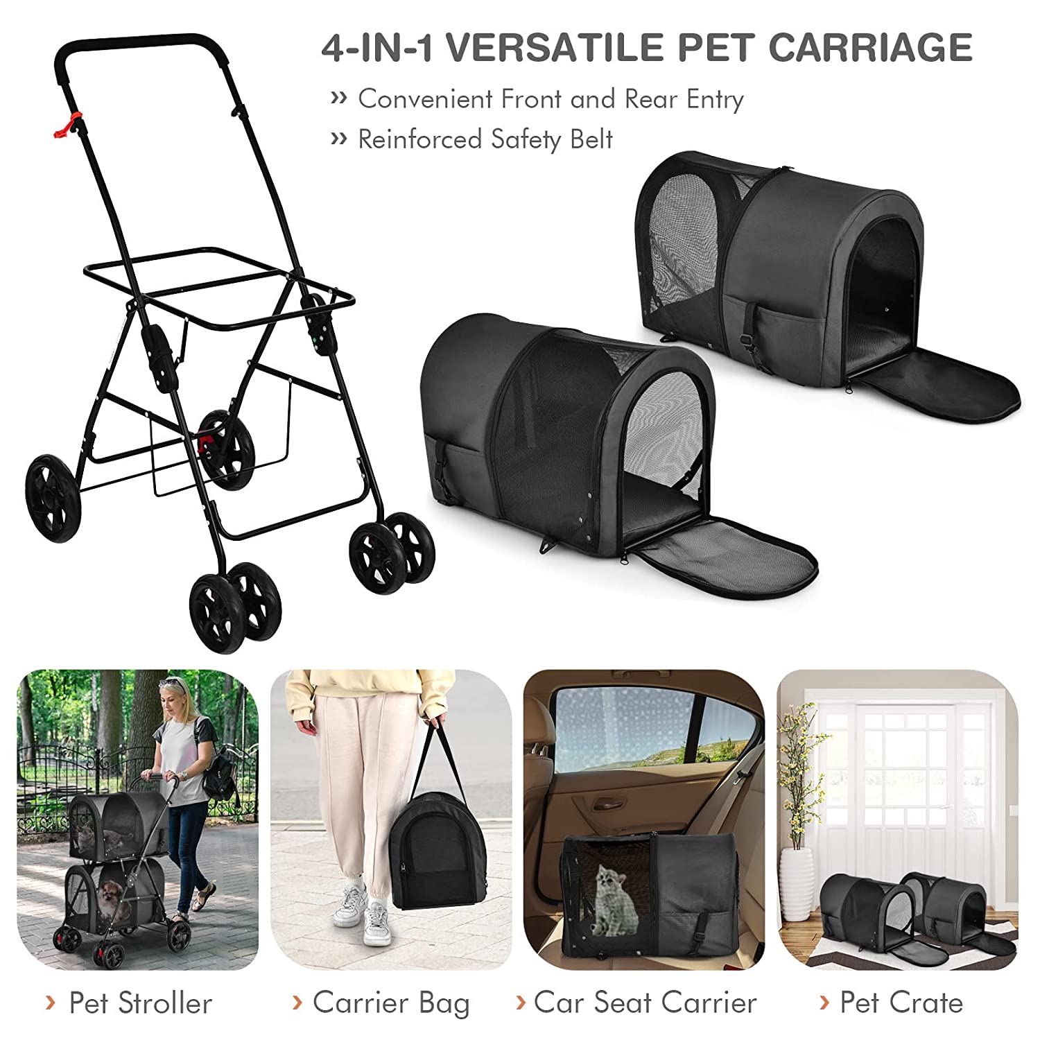 Double Pet Stroller with 2 Detachable Carrier Bags， Safety Belt， 4 Lockable Wheels Cat Stroller Travel Carrier Strolling Cart， Folding Dog Stroller for Small Medium Dogs Cats Puppy (Black)