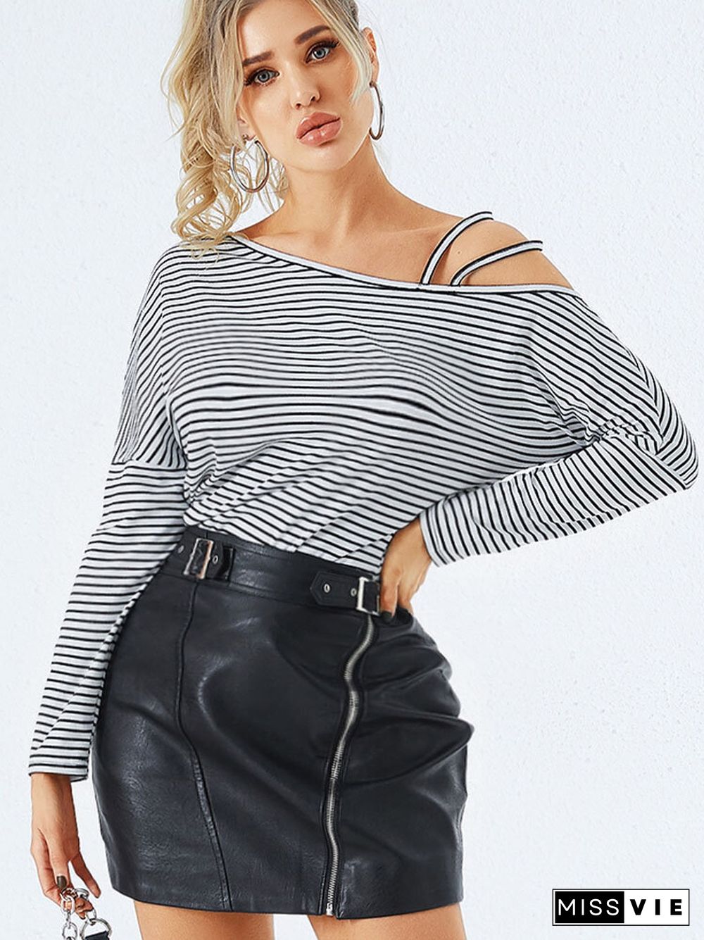 Stripe Print Irregular One Shoulder Strap Long Sleeve T-shirt