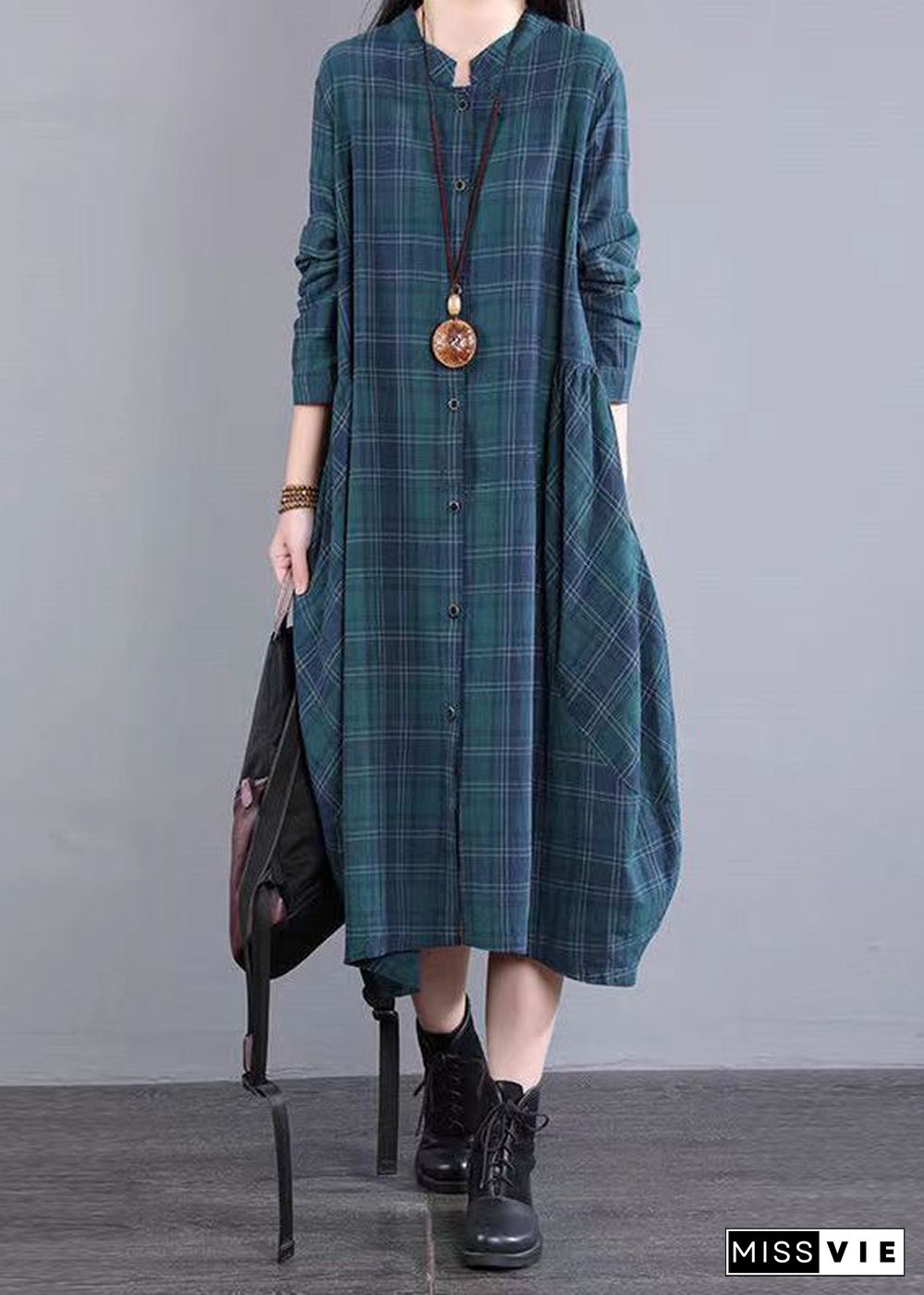 Blue Plaid Pockets Cotton Shirts Dress Stand Collar Fall