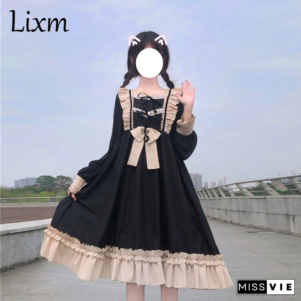 Harajuku Lolita Dress Daily Palace Bow-Knot Sweet Cute Retro Lotus Leaf Bow Vestidos Noble Sweet Gothic Party Robe Renaissance