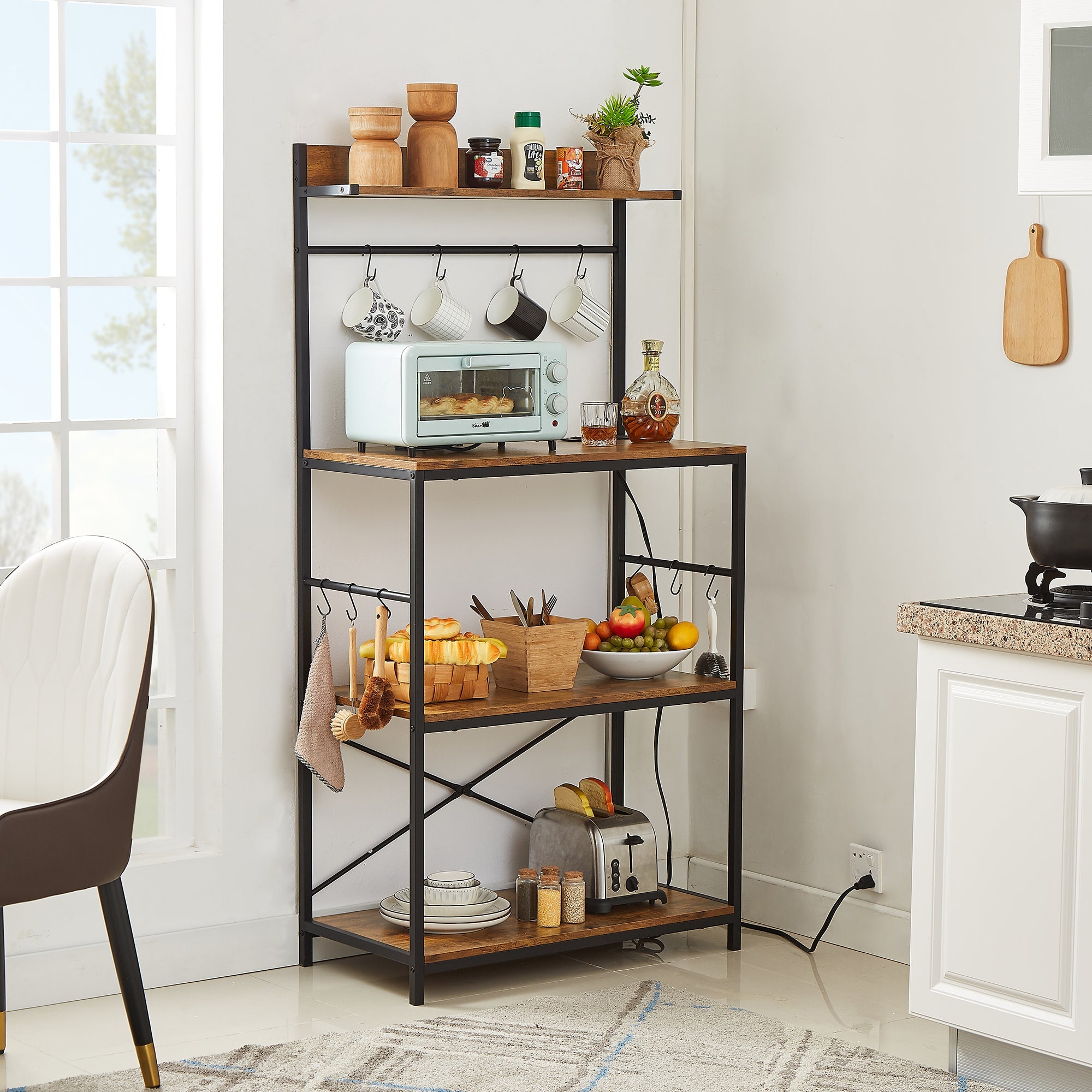 VECELO 4-Tier Baker's Rack with Power Outlets， Microwave Oven Stand with Wire Panel， Kitchen Storage Rack with 4 Hooks， Brown