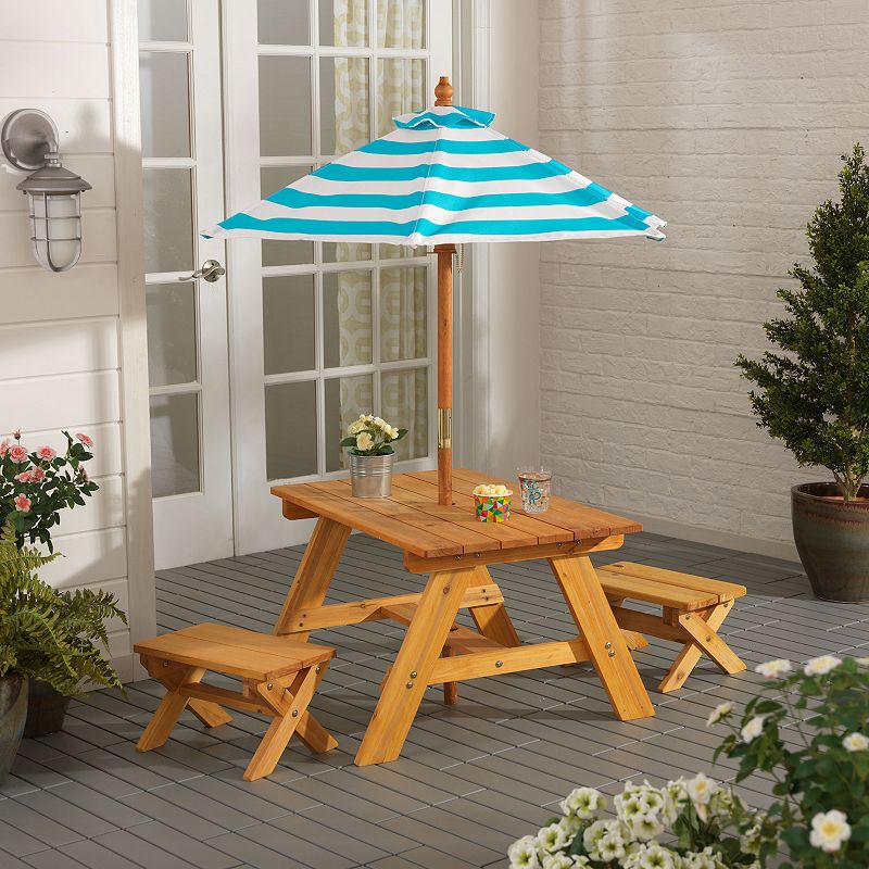 KidKraft Outdoor Table and Bench Set with Umbrella - Turquoise and White