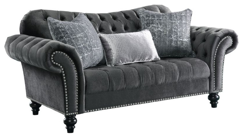 Acme Gaura Loveseat With 3 Pillows Dark Gray Velvet   Traditional   Loveseats   by AMOC  Houzz