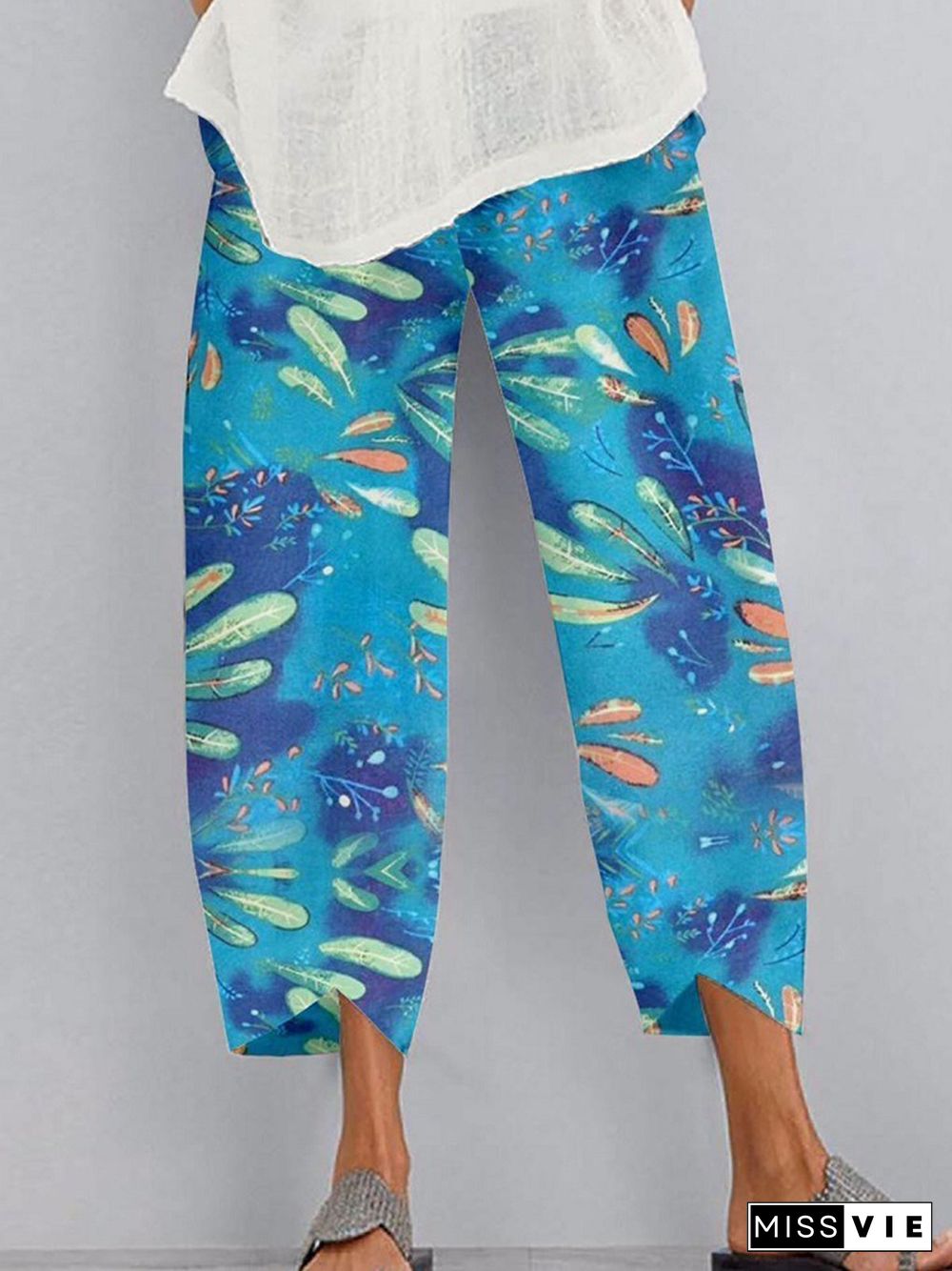 Vintage Geometric Floral Printed Pockets Plus Size Casual Pants