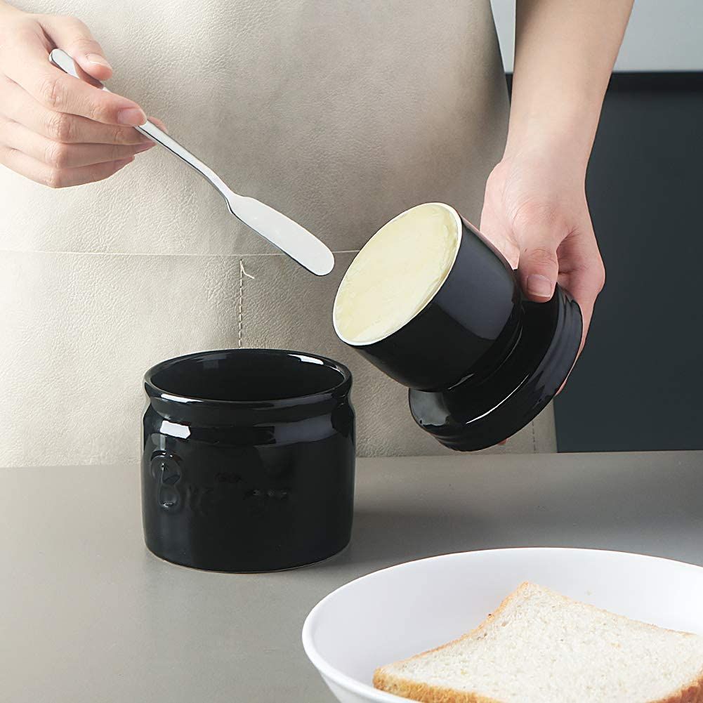 SWEEJAR Porcelain Butter Keeper Crock， French Butter Dish with Water Line， Ceramic Butter Container for soft butter (Black)