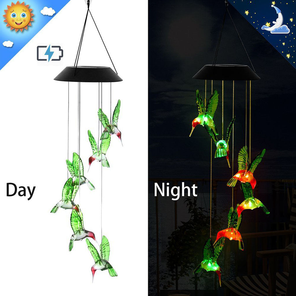 Pompotops Color Changing LED Solar Wind Chime Hummingbird Wind for Gardening Lighting