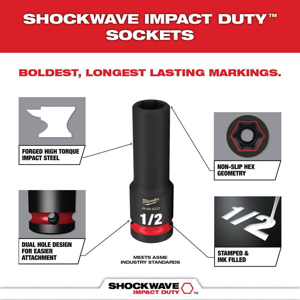 MW SHOCKWAVE Impact-Duty 12 in. Drive SAE Deep Well Impact Socket Set (15-Piece) 49-66-6817