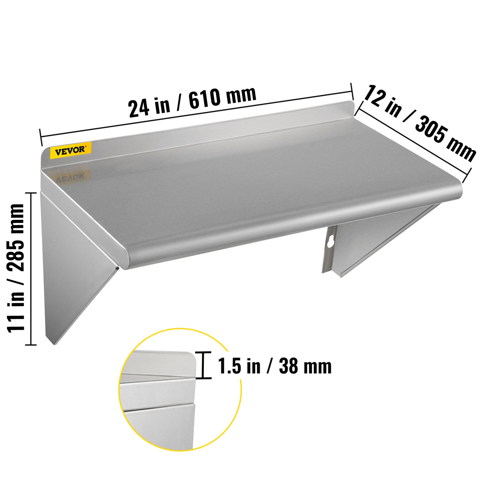 VEVOR Stainless Steel Wall Shelf, 12'' x 24'', 110 lbs Load Heavy Duty Commercial Wall Mount Shelving w/ Backsplash and 2 Brackets for Restaurant, Home, Kitchen, Hotel, Laundry Room, Bar