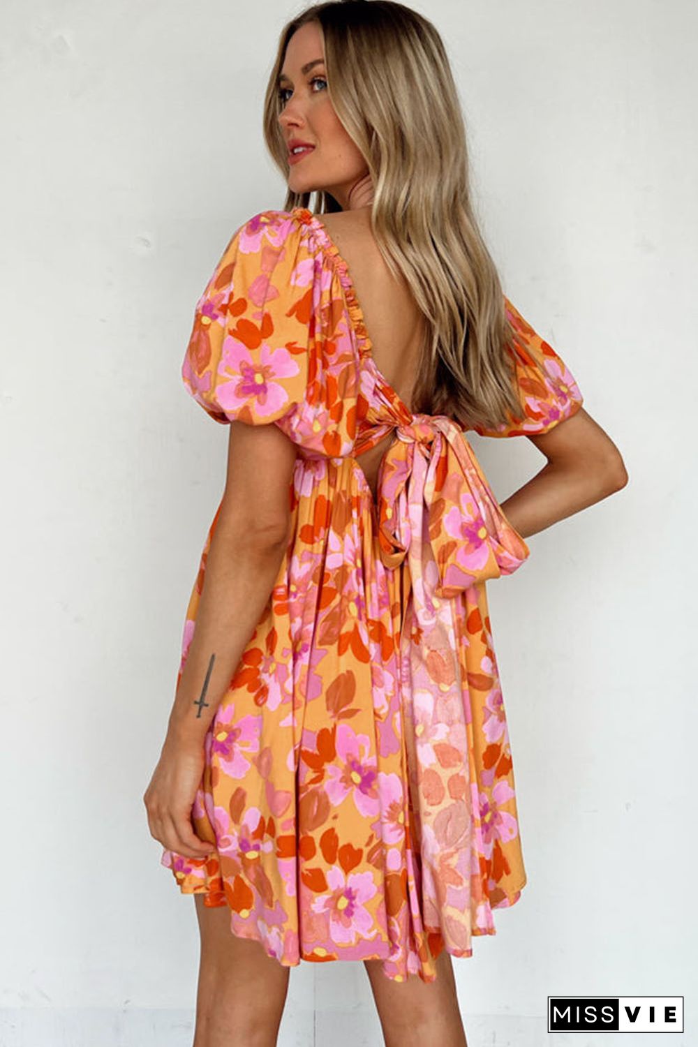 Orange Puff Sleeve Bow Knot Open Back Floral Mini Dress