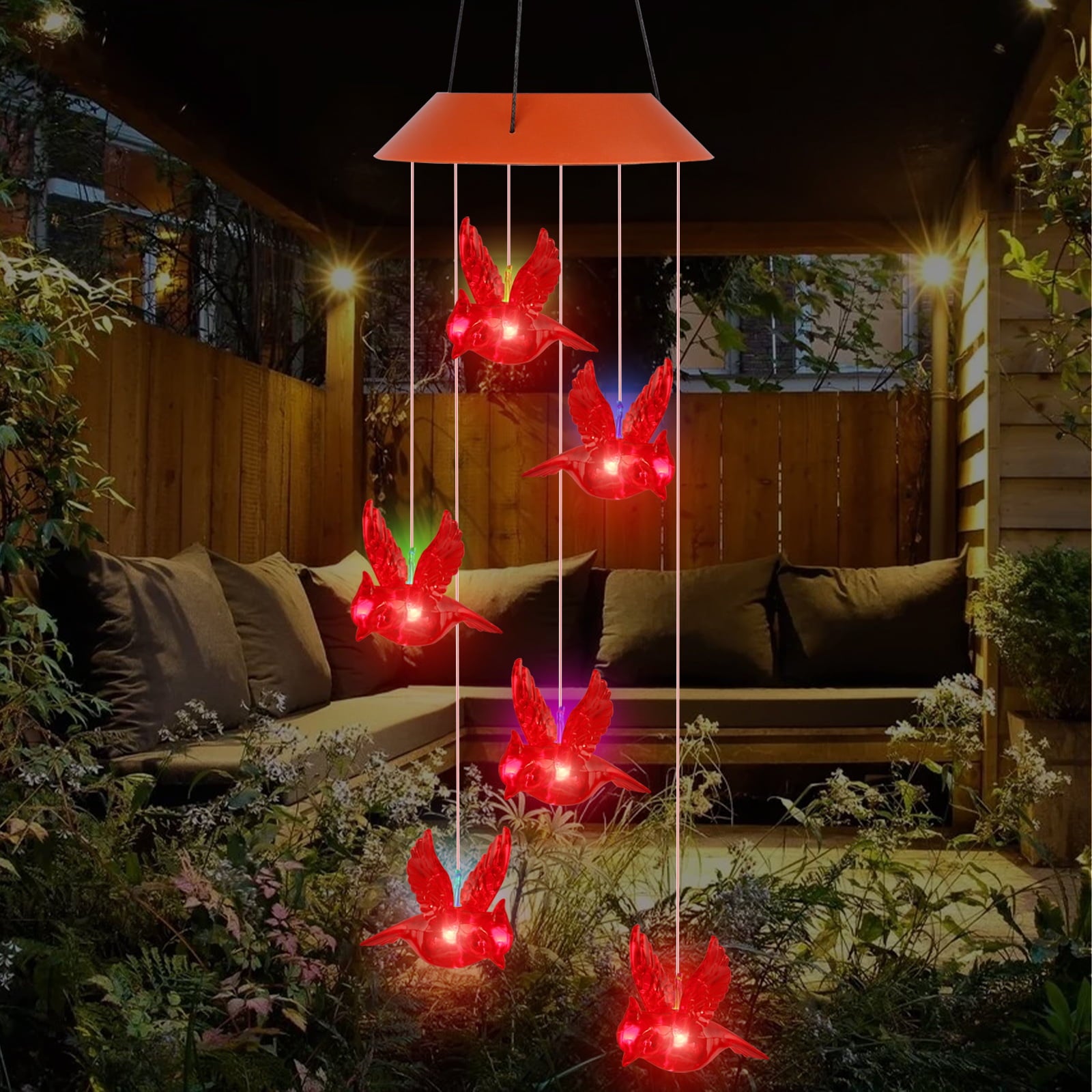 TSV Solar Powered Wind Chimes Light， Cardinal Red Bird Wind Belles Lights Outdoor LED IP66 Waterproof for Yarden Garden Decoration