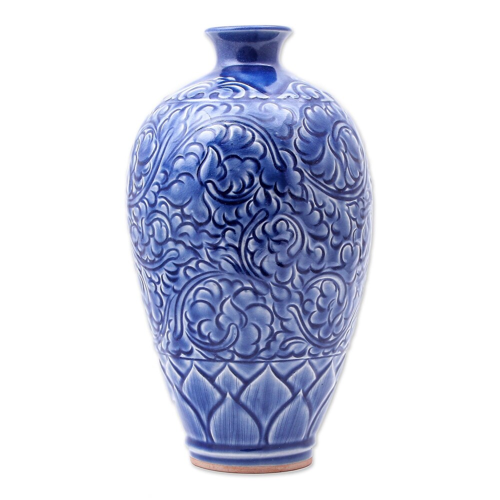 Novica Handmade Blue Flora Ceramic Vase