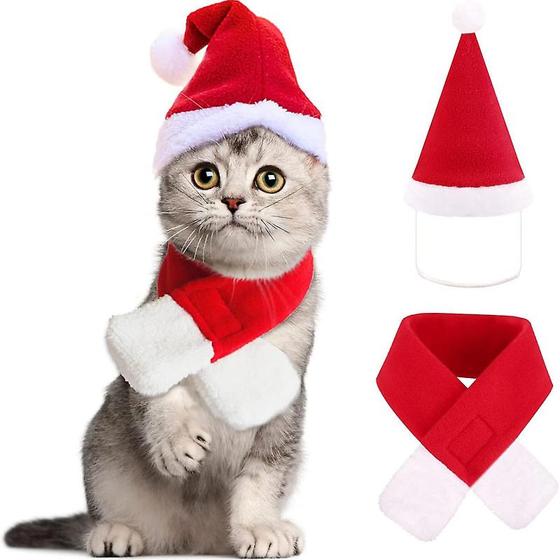 2Pcs Christmas Cat Costume with Santa Hat and Scarf for Pet Kitten Puppy