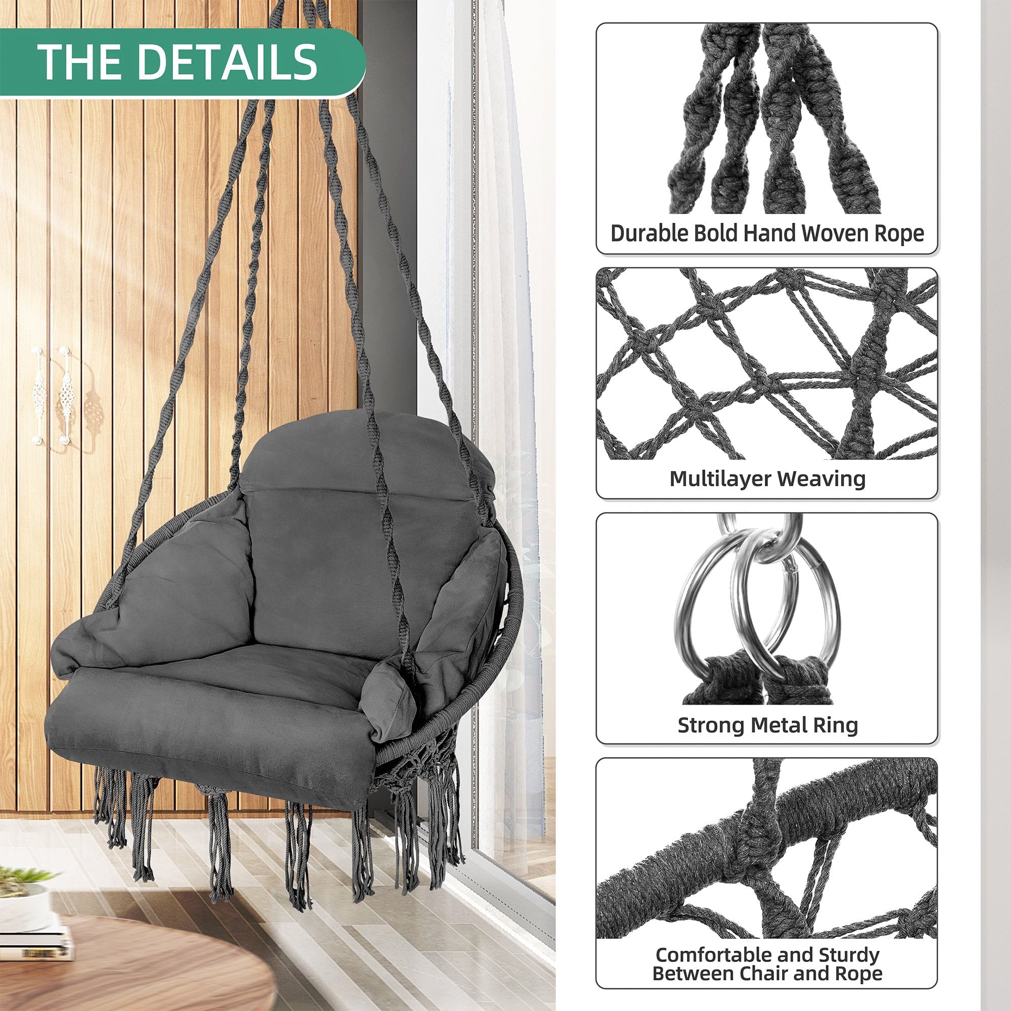 Hammock Chair, Macrame Hanging Swing Chair with Large Padded Cushion and Hardware Kits, Max 330 Lbs, Hanging Cotton Rope Chair for Indoor, Outdoor, Bedroom, Patio, Porch, Garden -Grey