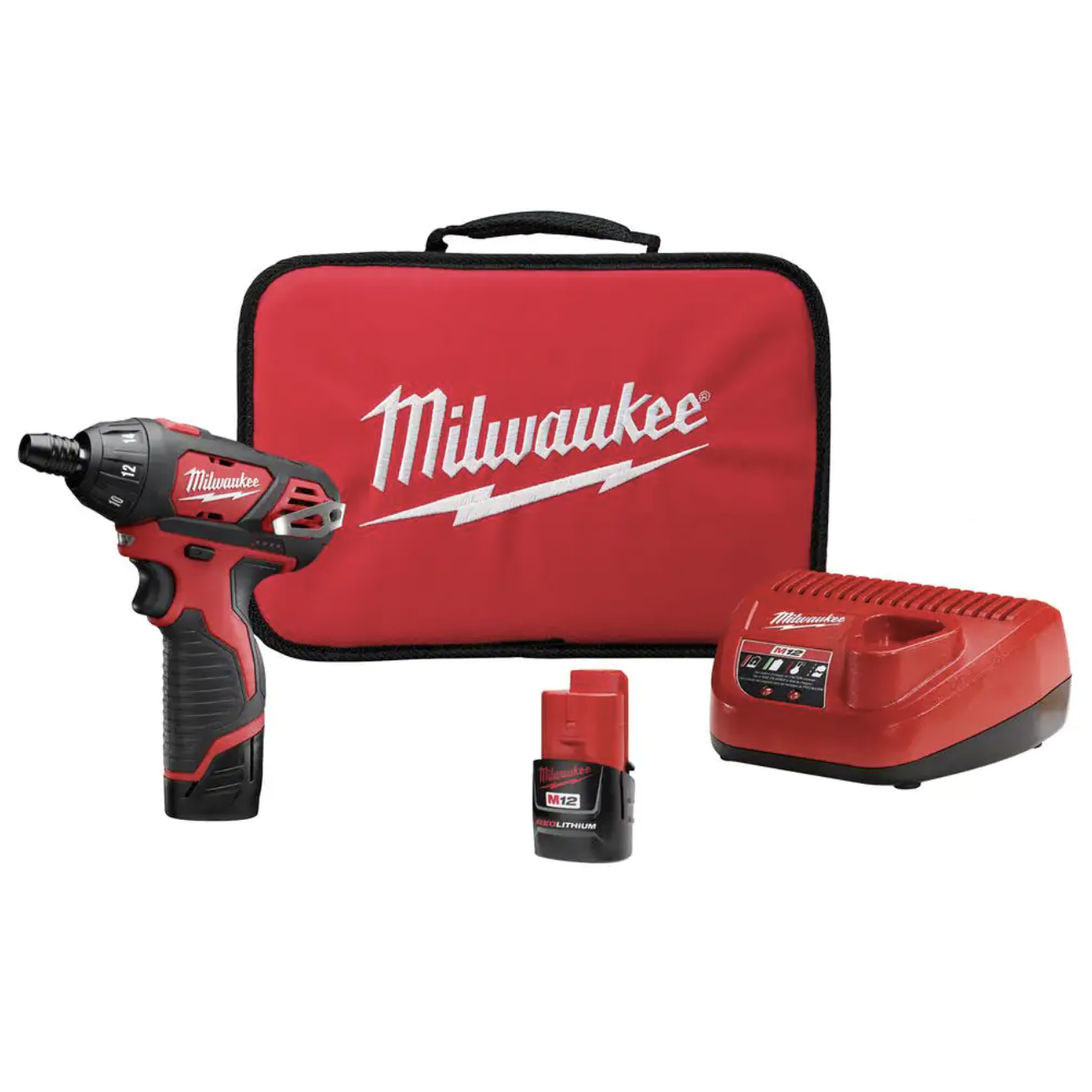 Milwaukee M12 12V Lithium-Ion Cordless 1/4 in. Hex Screwdriver Kit with Two 1.5Ah Batteries， Charger and Tool Bag