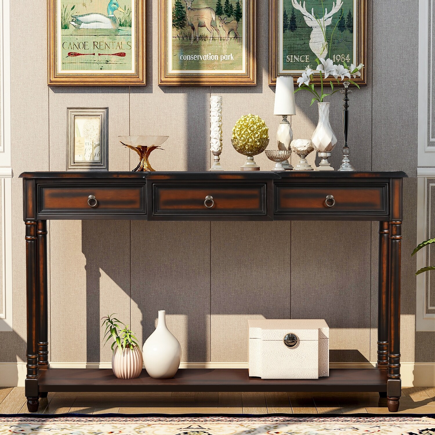 Console Table Sofa Table with Drawers Luxurious and Exquisite Design for Entryway with Projecting Drawers and Long Shelf