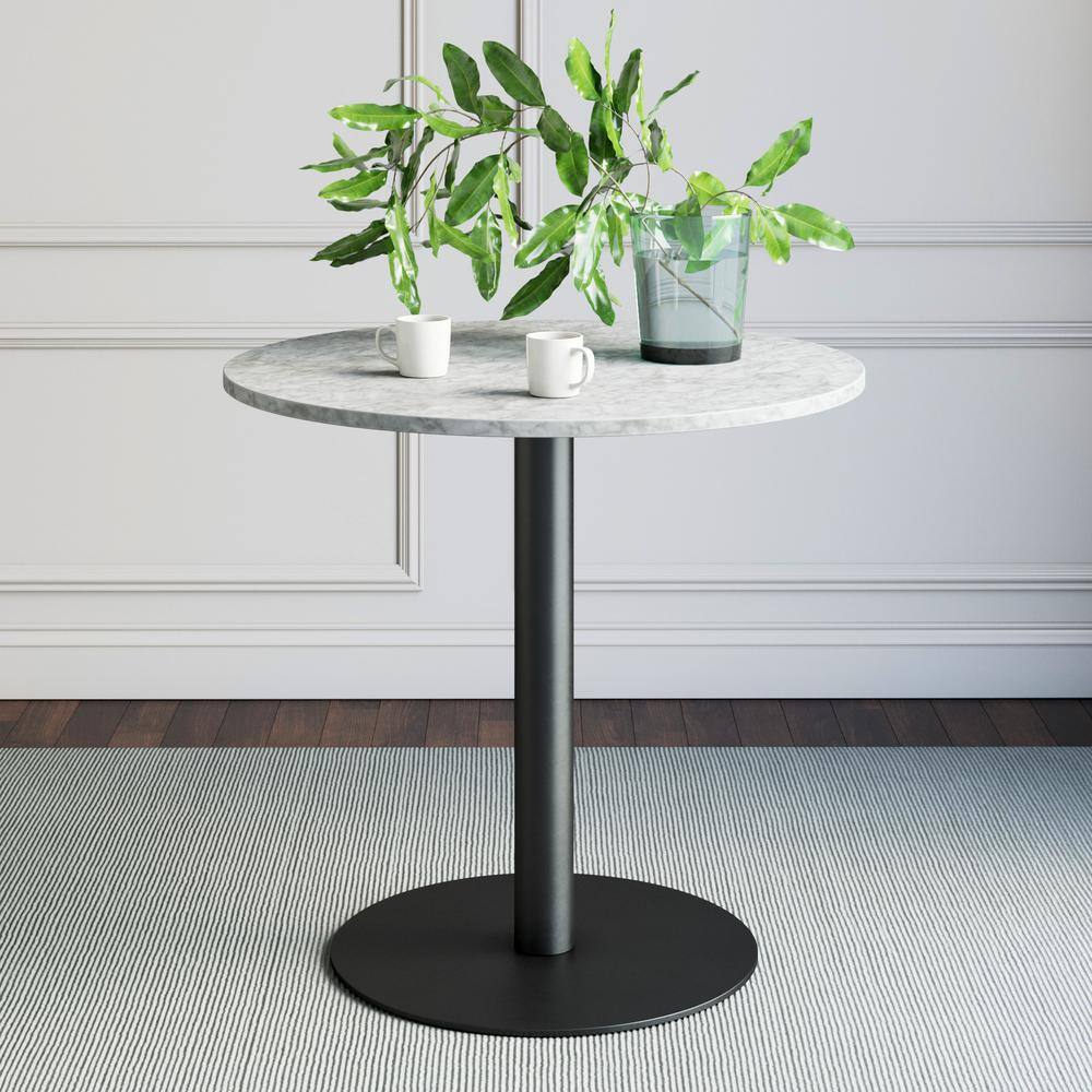 Nathan James Lucy White Carrara Faux Marble Table Top and Black Pedestal Base Modern Kitchen or Dining Table 42001