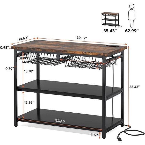 Kitchen Island with Storage Industrial Island Table with Power Outlets and Wire Baskets 3 tier Microwave Oven Stand