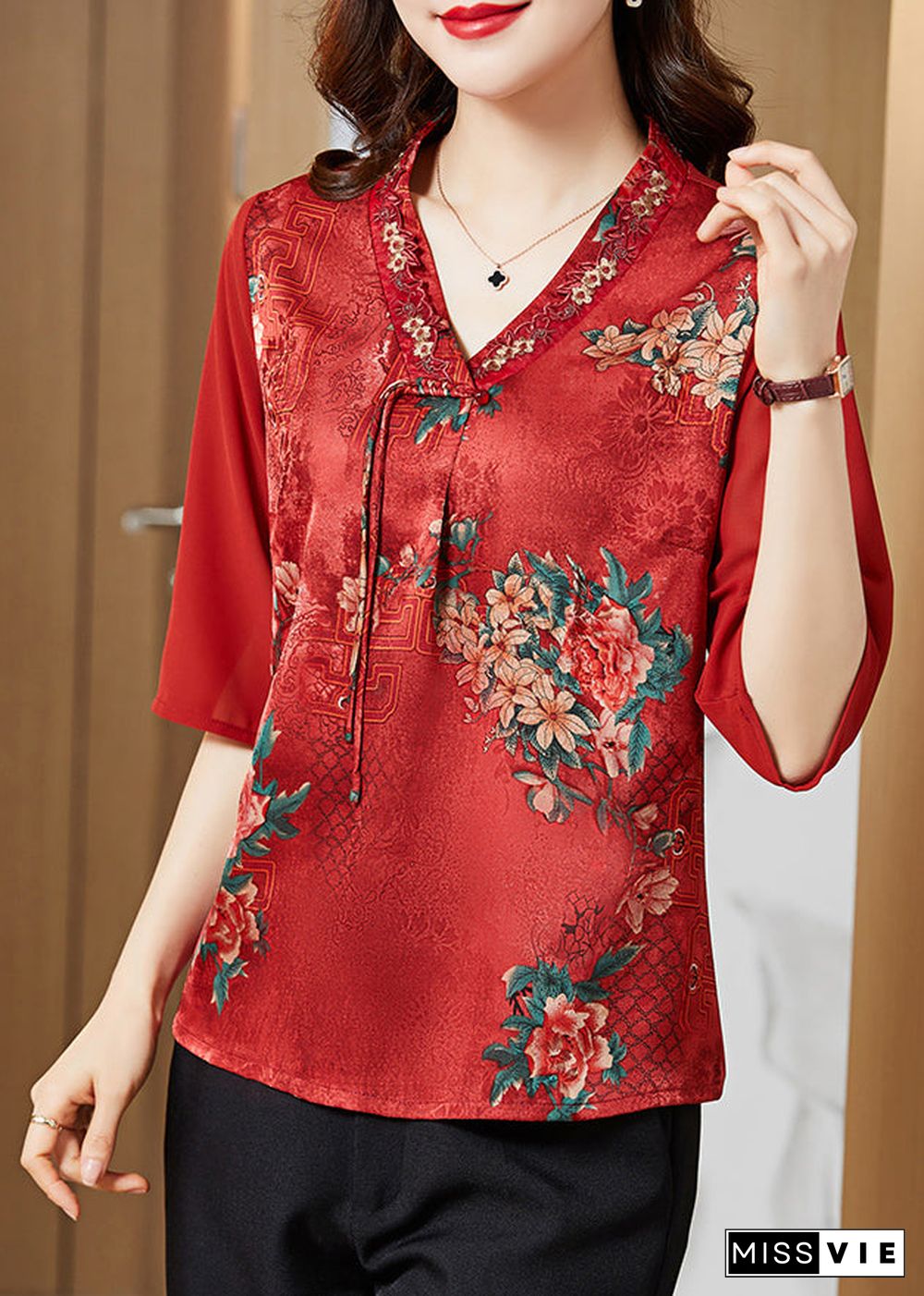 Vintage Red V Neck Embroideried Patchwork Silk Blouse Top Half Sleeve