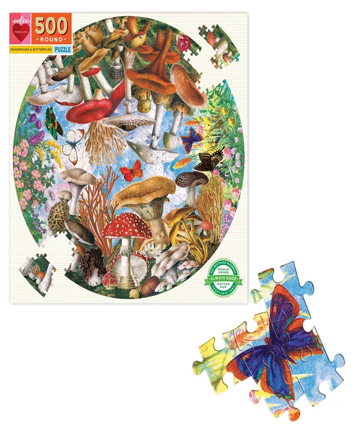 Eeboo Piece and Love Mushrooms and Butterflies Round Circle Jigsaw Puzzle Set  500 Pieces