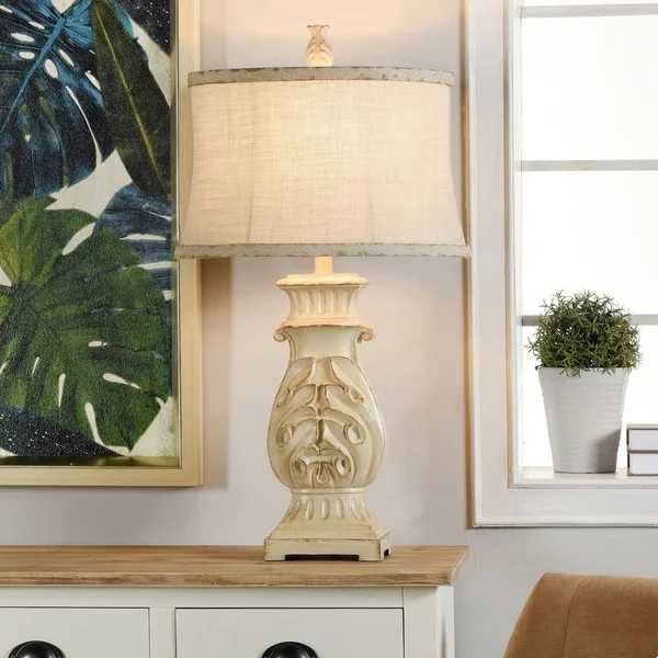 StyleCraft Bokava Distressed Antique White Table Lamp - Beige Softback Fabric Shade