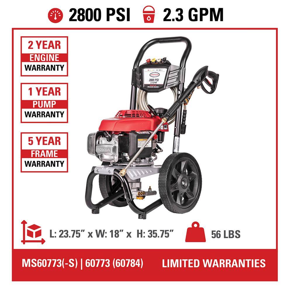 SIMPSON MegaShot 2800 PSI 2.3 GPM Gas Cold Water Pressure Washer with HONDA GCV160 Engine MS60773-S