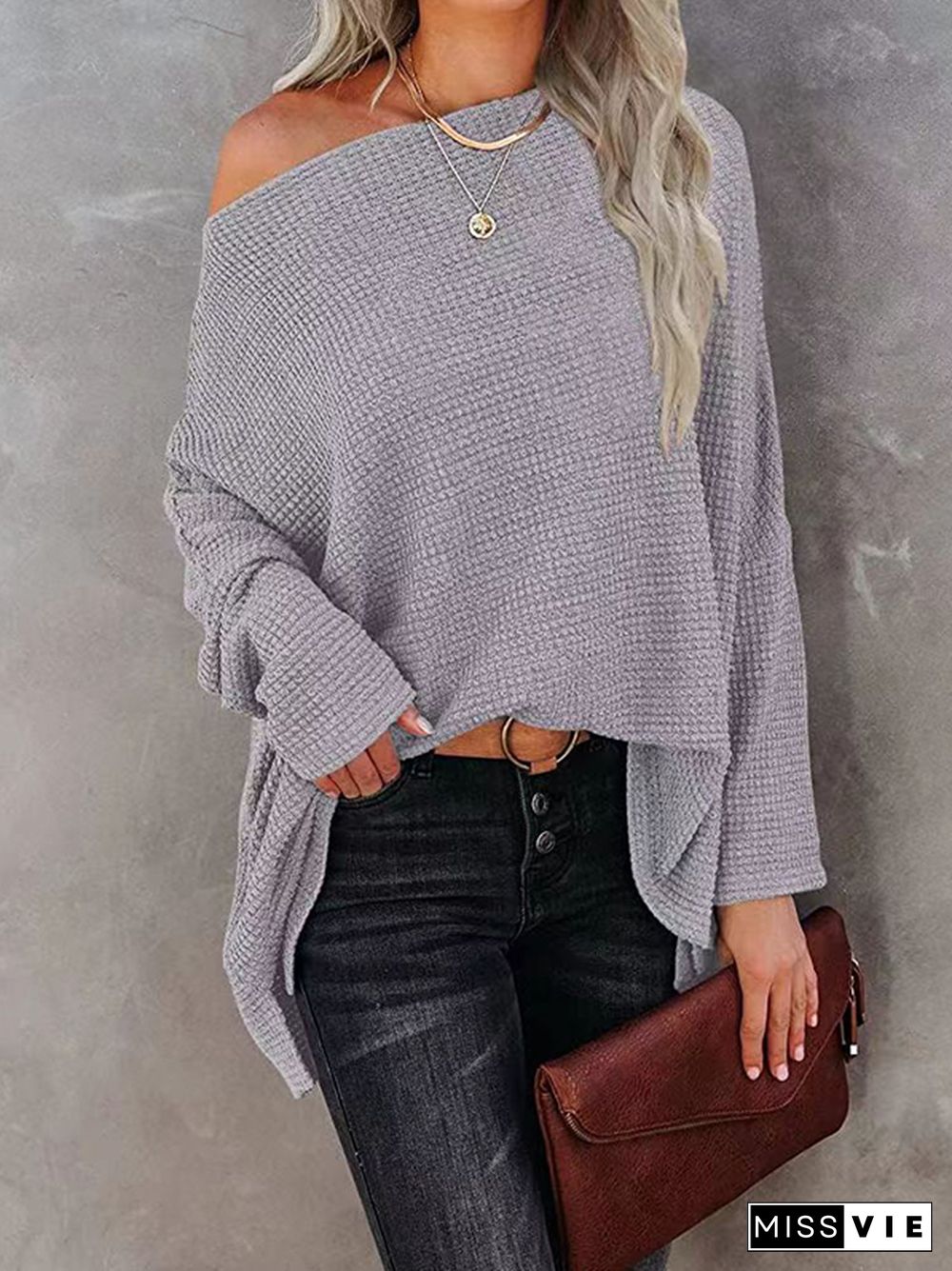 Long Sleeves Loose Solid Color Split-Side Boat Neck T-Shirts