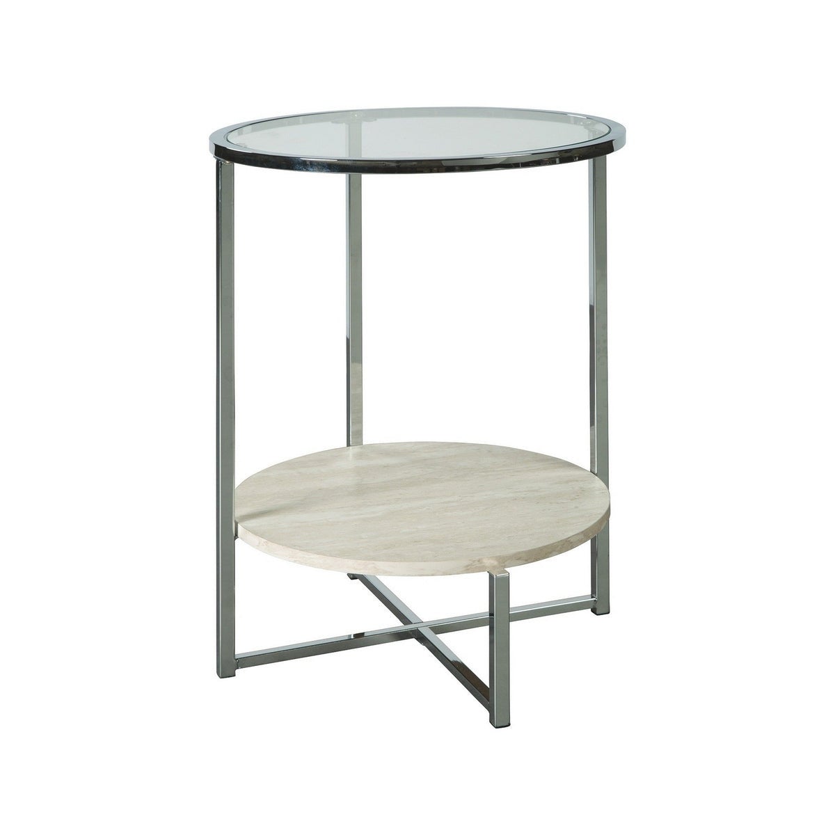 48 Inches Round Glass Top End Table with Stone Shelf， Clear and Chrome - Clear and Chrome - 24 H x 17 W x 17 L Inches