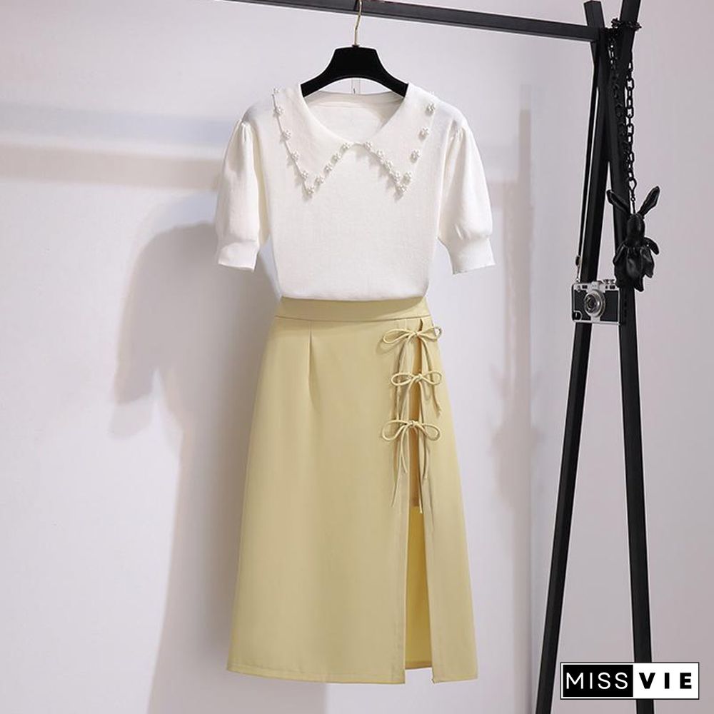 Knit Lapel Tee+Bowknot Skirt P12928