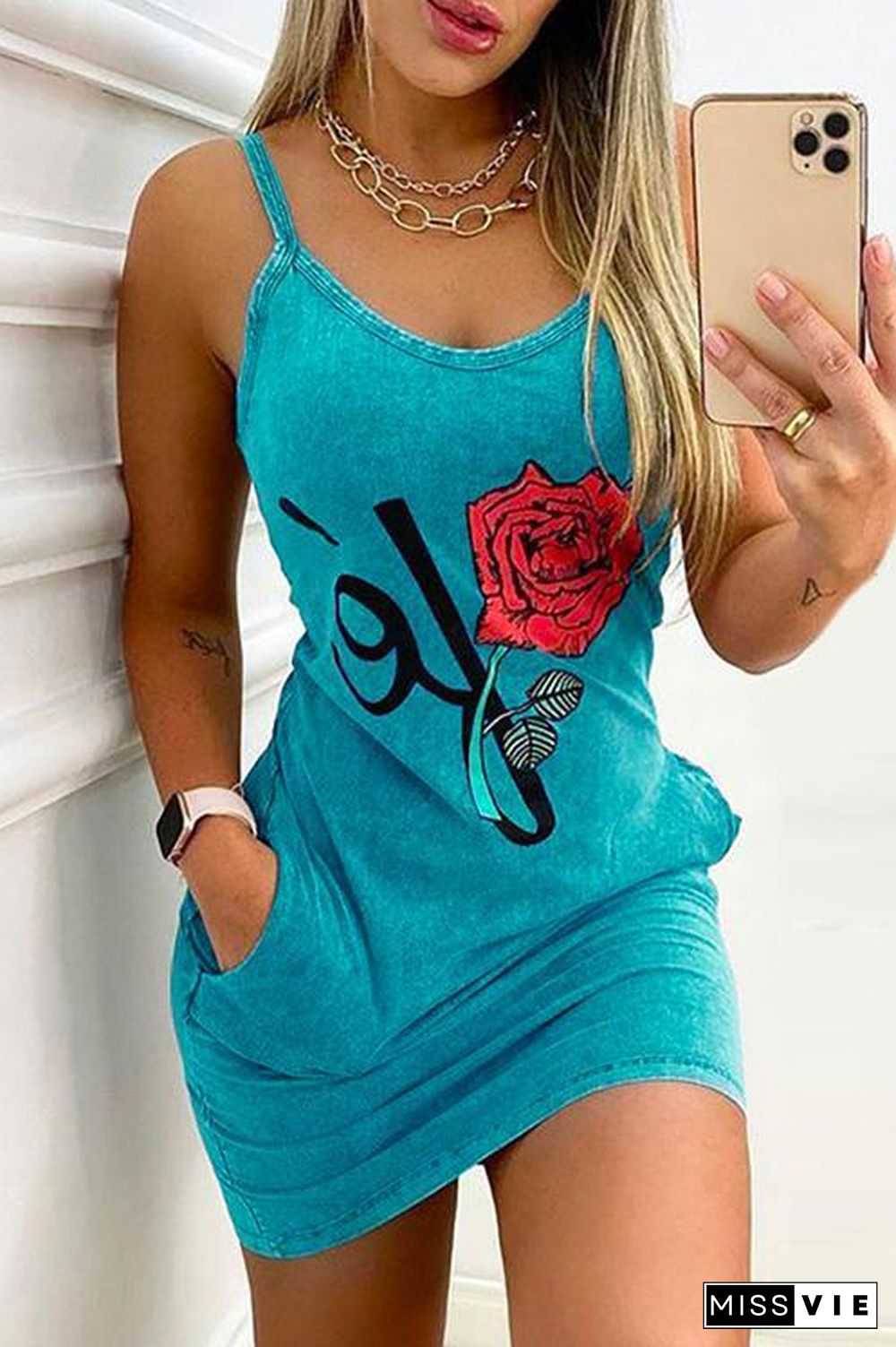 Scoop Neck Rose Printed Bodycon Cami Dress