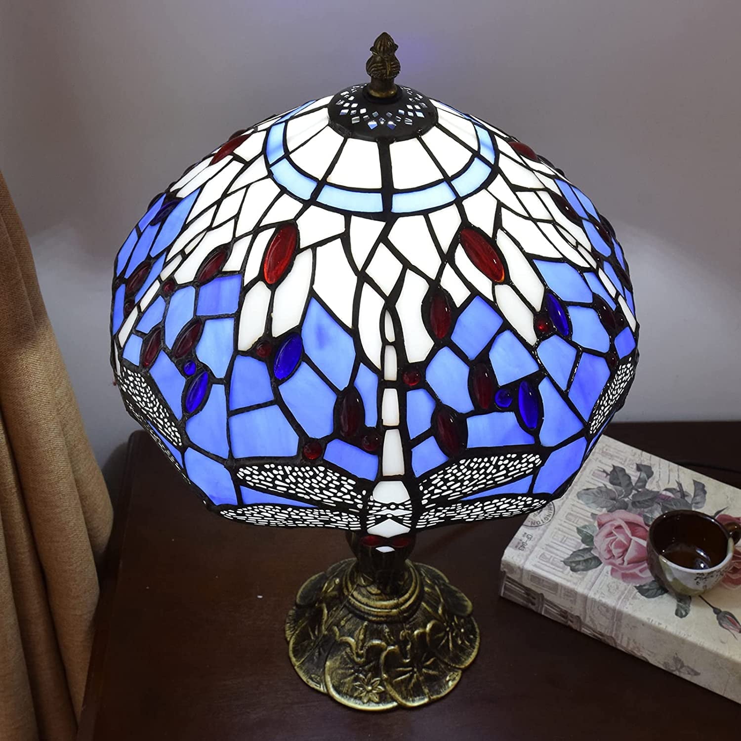 SHADY Tiffany Lamp Stained Glass Lamp Dragonfly Blue Bedroom Table Lamp Reading Desk Light for Bedside Living Room Office Dormitory Dining Room Decorate  12x12x18 Include Light Bulb