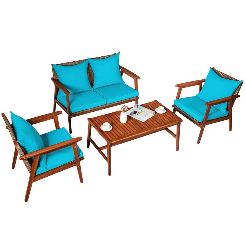 4 Piece  Acacia Wood Patio Rattan Furniture Set