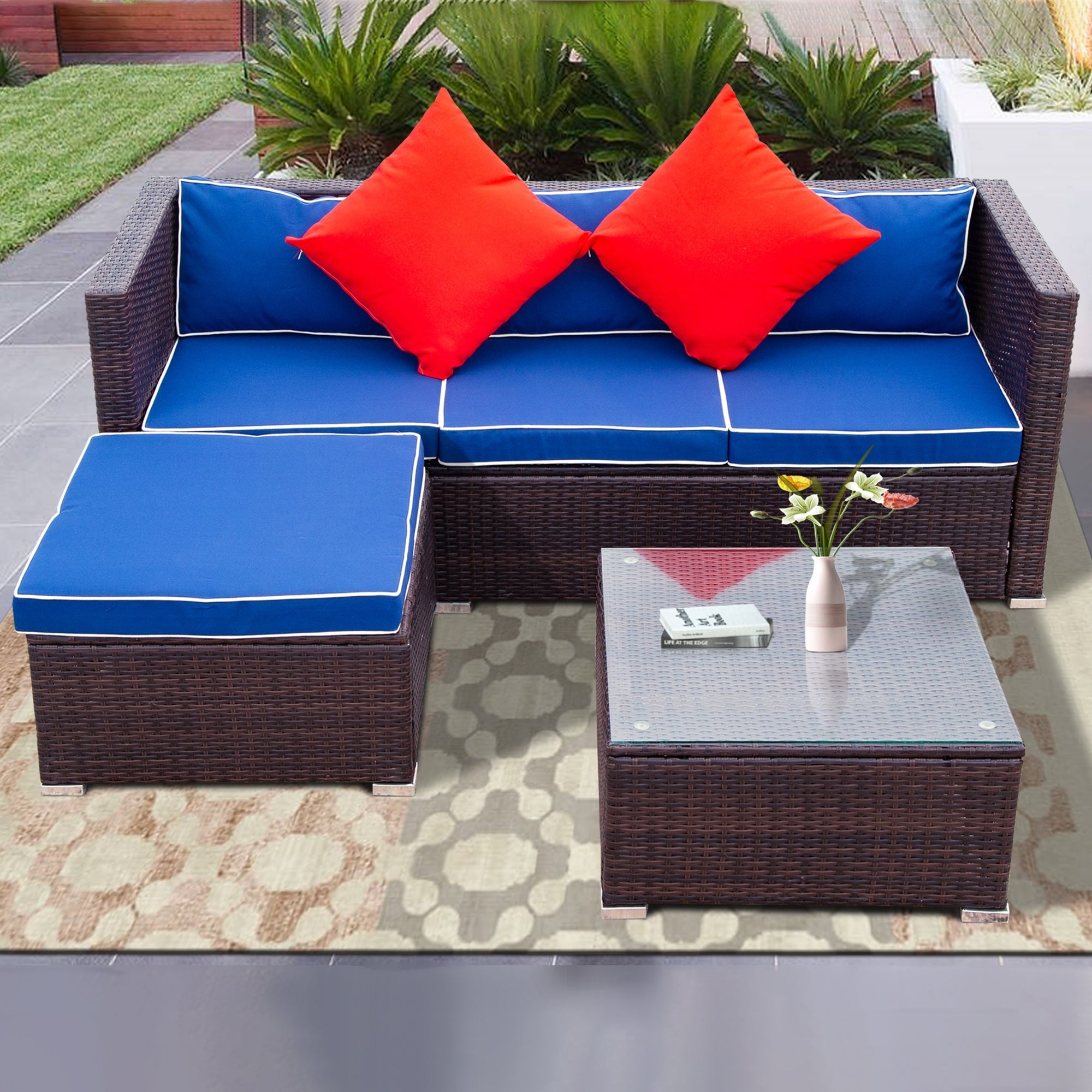 3-Pieces Wide Outdoor Wicker Patio Sectional with Cushions - Overstock - 36046282