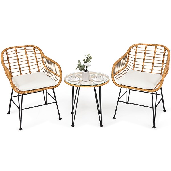 Costway 3PCS Patio Rattan Bistro Furniture Set Cushioned Chair Table