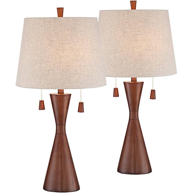 Tall Set Of 2 Brown Wood Oatmeal Tapered Drum Shade For Bedroom Living Room Bedside