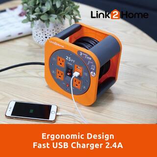 Link2Home 25 ft. 163 Extension Cord Storage Reel with 3 Grounded Outlets 2 USB 3.4 Amp and Overload Reset Button EM-EL-275E