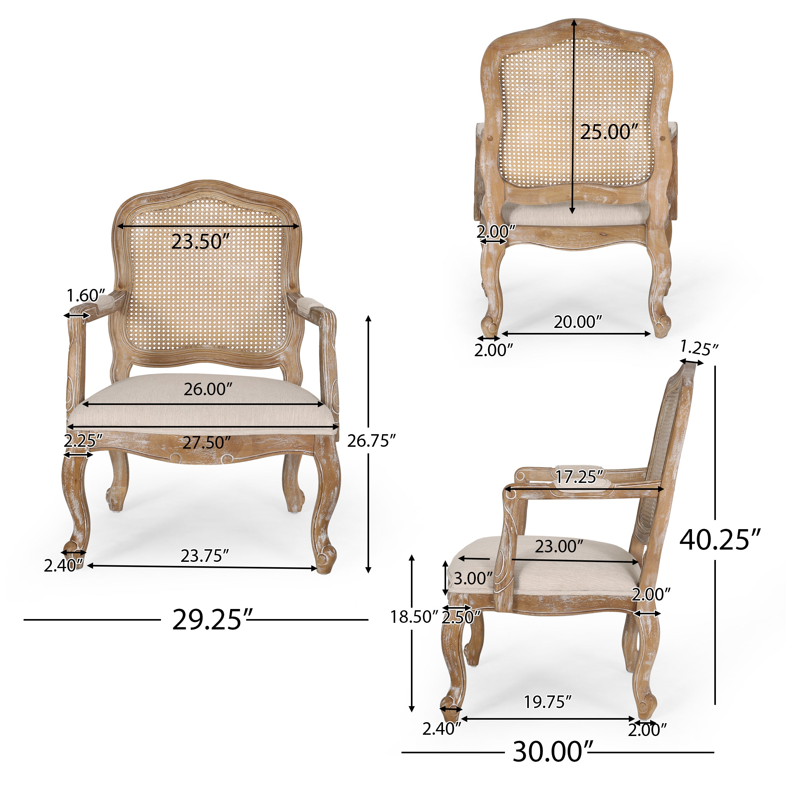 Biorn French Country Wood and Cane Upholstered Dining Armchair