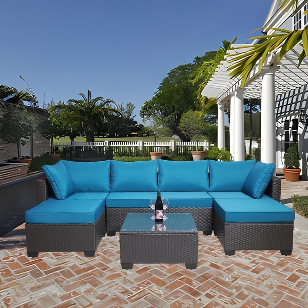 7Piece Rattan Sectional Sofa Set with Cushions and Table