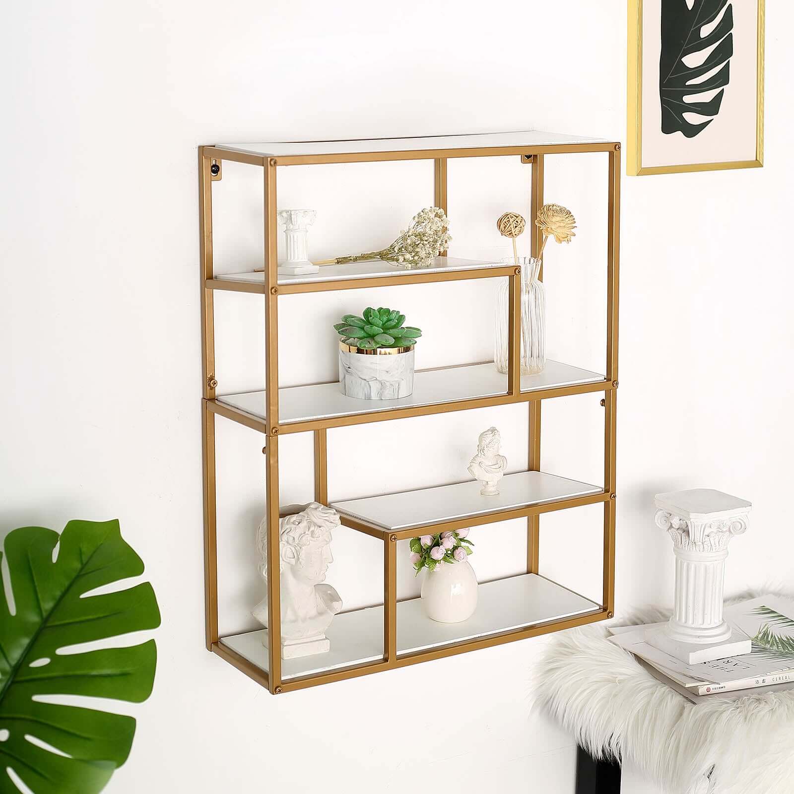 Gold Metal 4-Tier Dessert Cupcake Stand, Wall Hanging Shelf Display Rack, Book Shelf With White Wood Panels 22