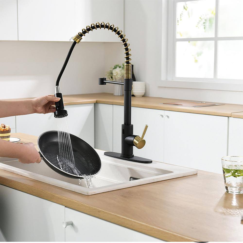 matrix decor Single Handle Touchless Pull Down Sprayer Kitchen Faucet with Deckplate in Black and Gold MD-ALIS1306BGD