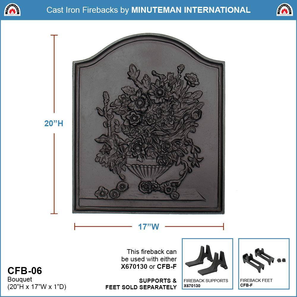 MINUTEMAN INTERNATIONAL 20 in. Tall BlackTraditional Cast Iron Bouquet Fireback CFB-06