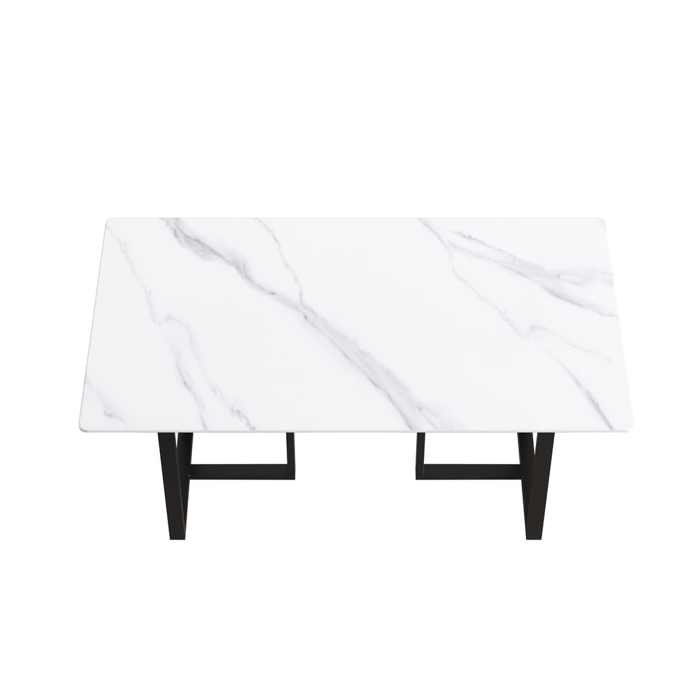 63'' Modern and Minimalist Rectangular Stone Dining Table  Black Metal Frame  Curved Corners