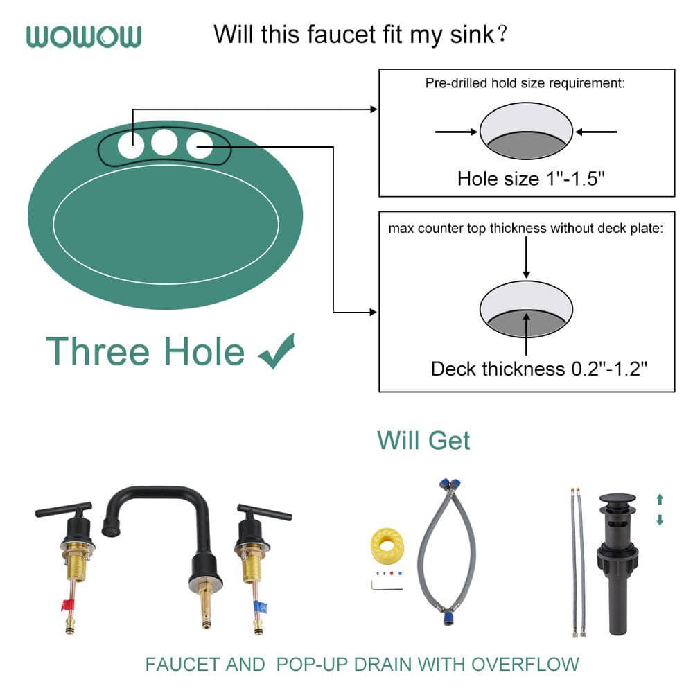 WOWOW 8 in Widespread Double Handle Bathroom Faucet with Drain Kit in Matte Black