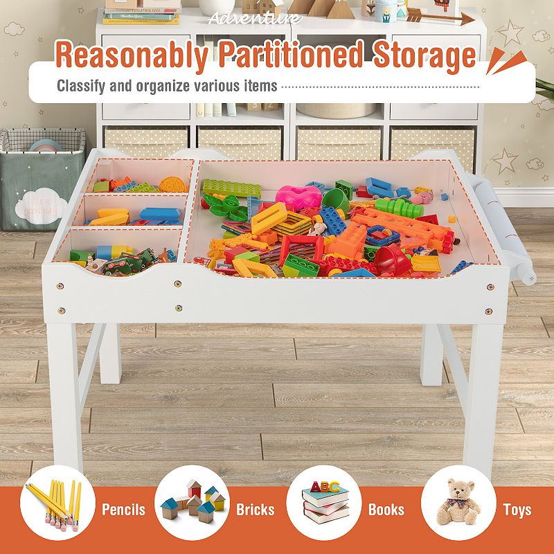 Kids Multi Activity Play Table Wooden Building Block Desk with Storage Paper Roll