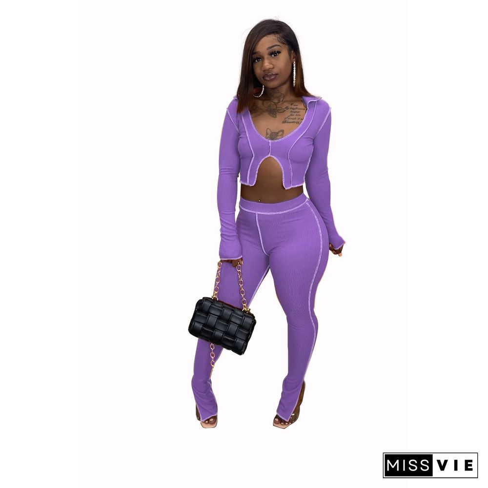 Article Pit Crop Top And Slit Flared Pants 2 Piece Set