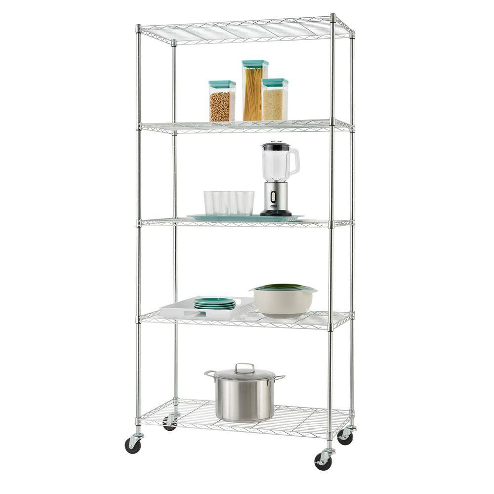 TRINITY EcoStorage Chrome 5-Tier Rolling Steel Wire Shelving Unit (36 in. W x 76 in. H x 18 in. D) TBFZ-0933