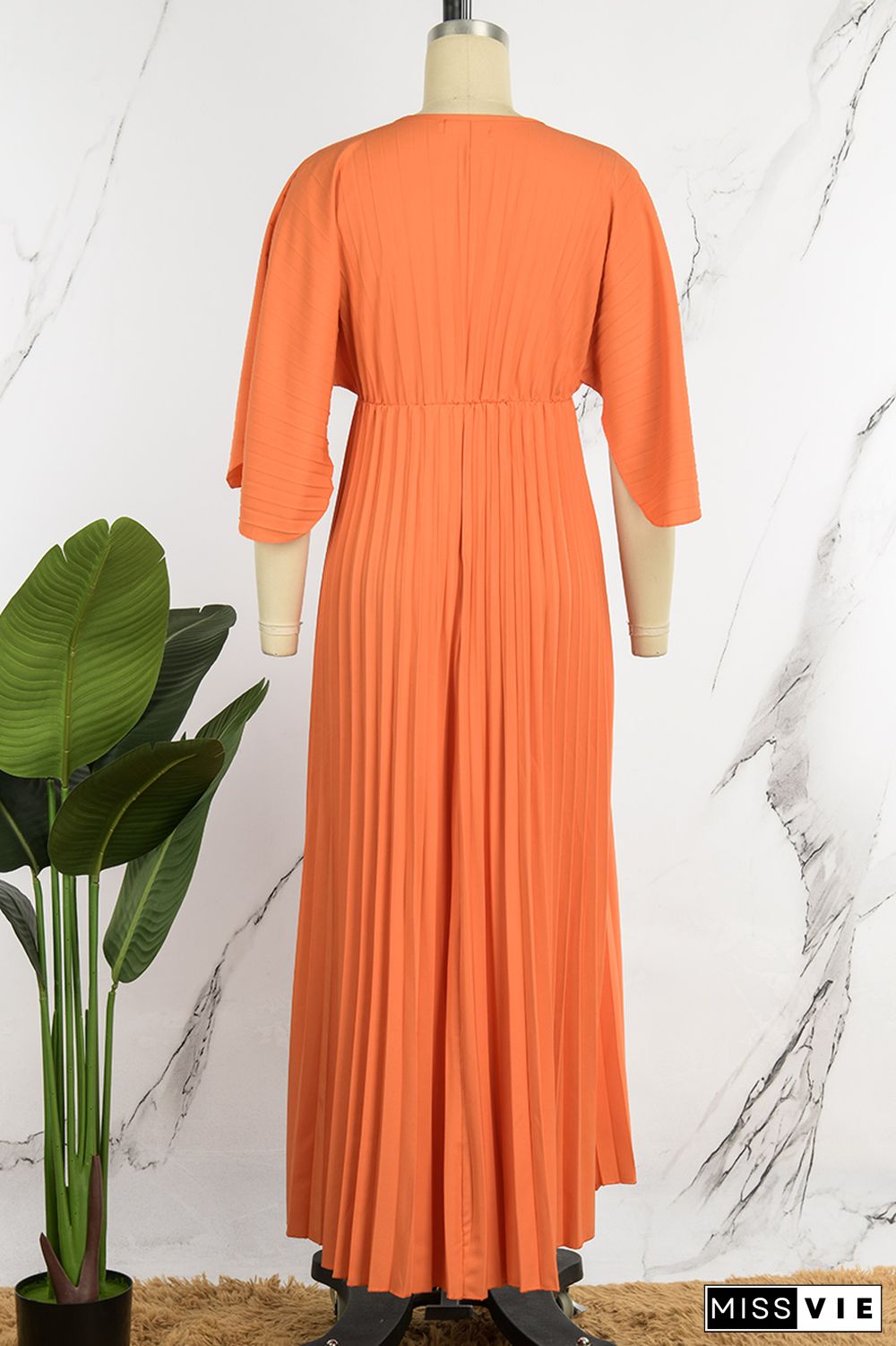 Orange Casual Solid Patchwork V Neck Pleated Dresses